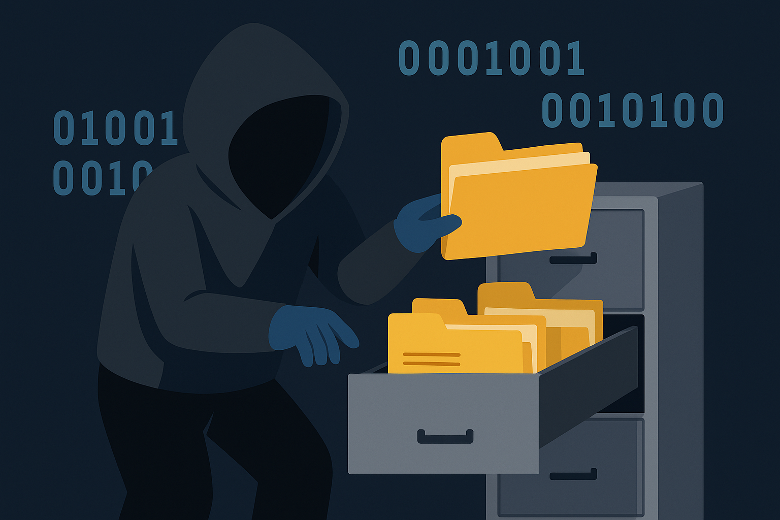 Hacker stealing digital folders from a cabinet representing data theft — cybersecurity illustration in dark blue and black colors.